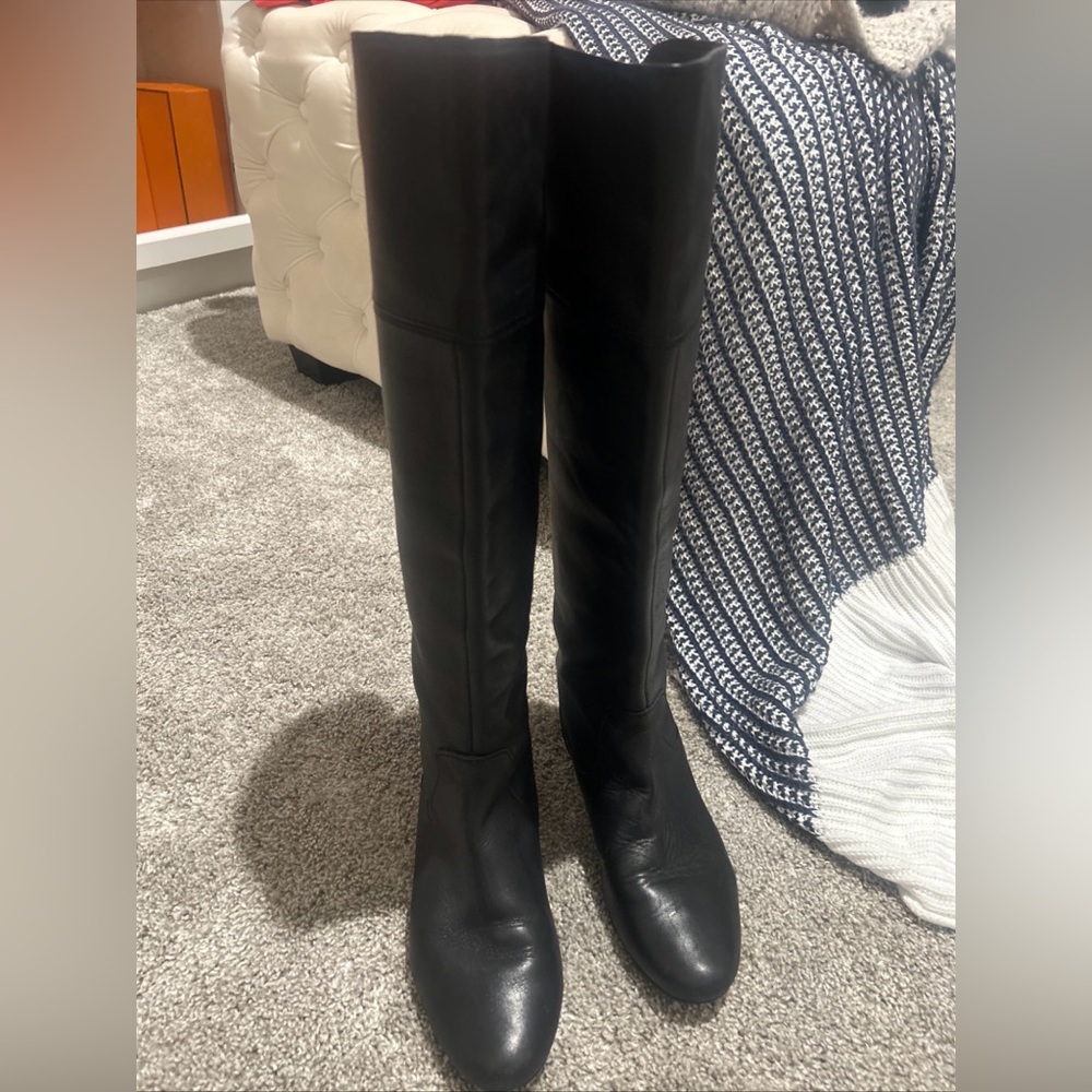 Coach Knee High Boots Black Pull On Buckle Size 6 Leather Almond Toe